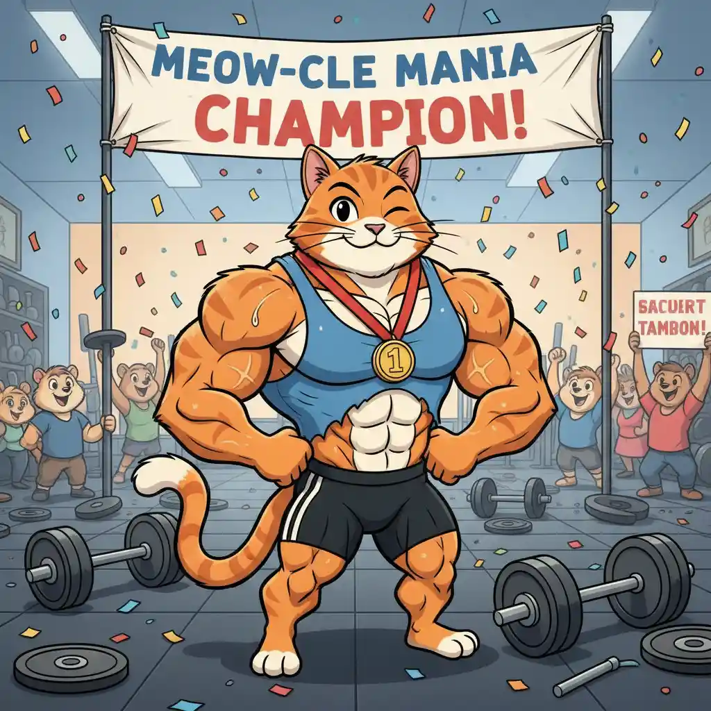 Muscular cartoon cat flexing proudly in a weightlifting gym
