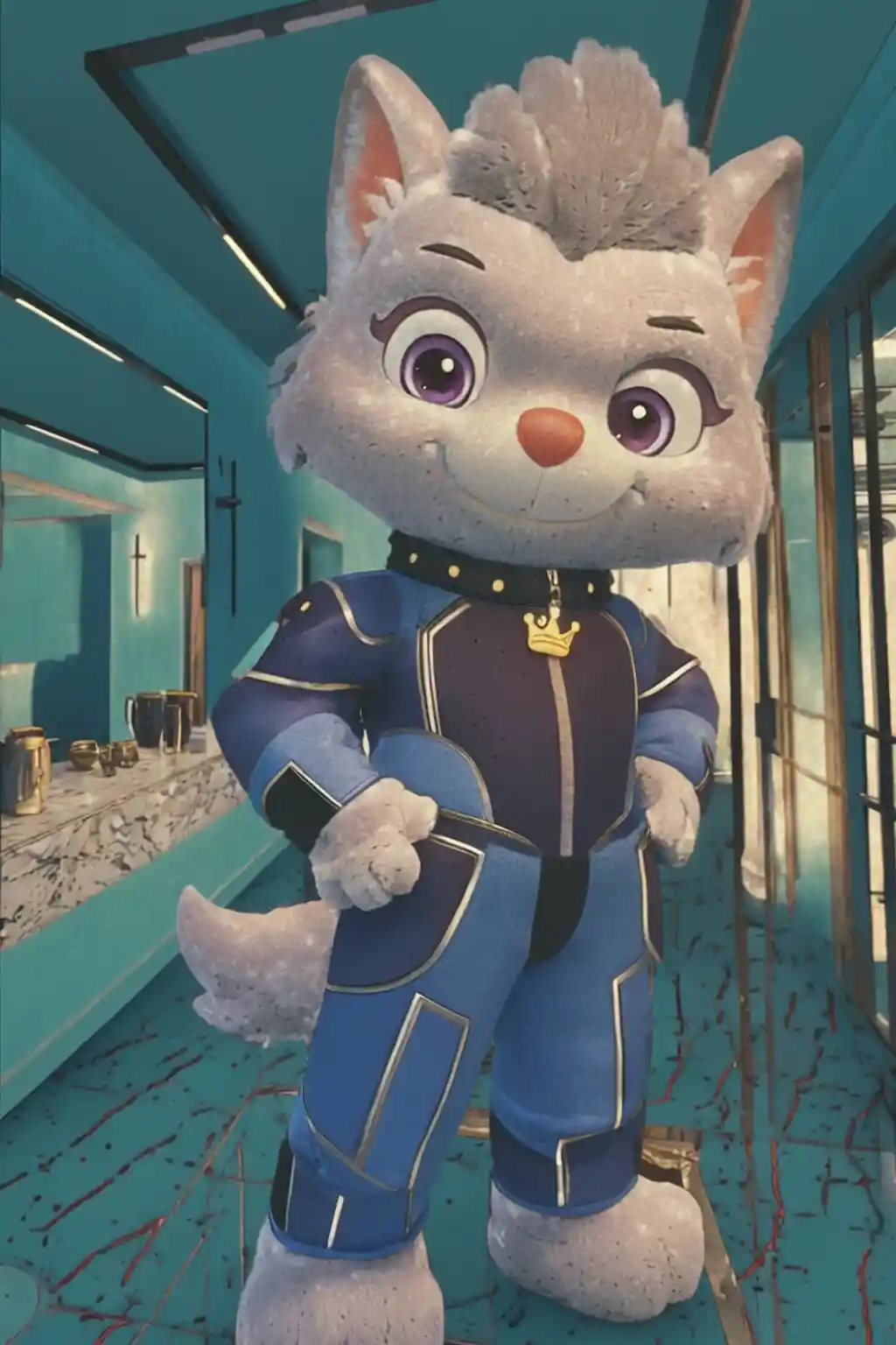 Personagem mascote fotográfico capturado em cena realista