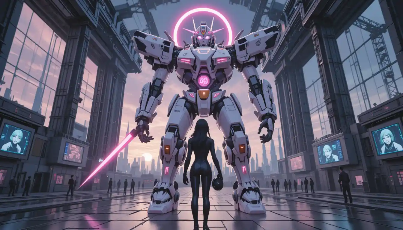 Colossal sakura mecha awakens in cyberpunk launch hangar