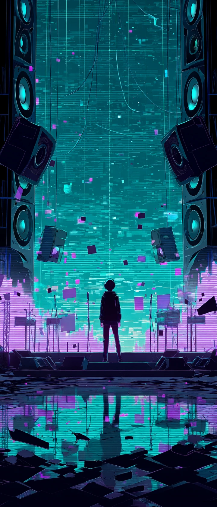 Anime musician on neon holographic stage with shattering sound waves