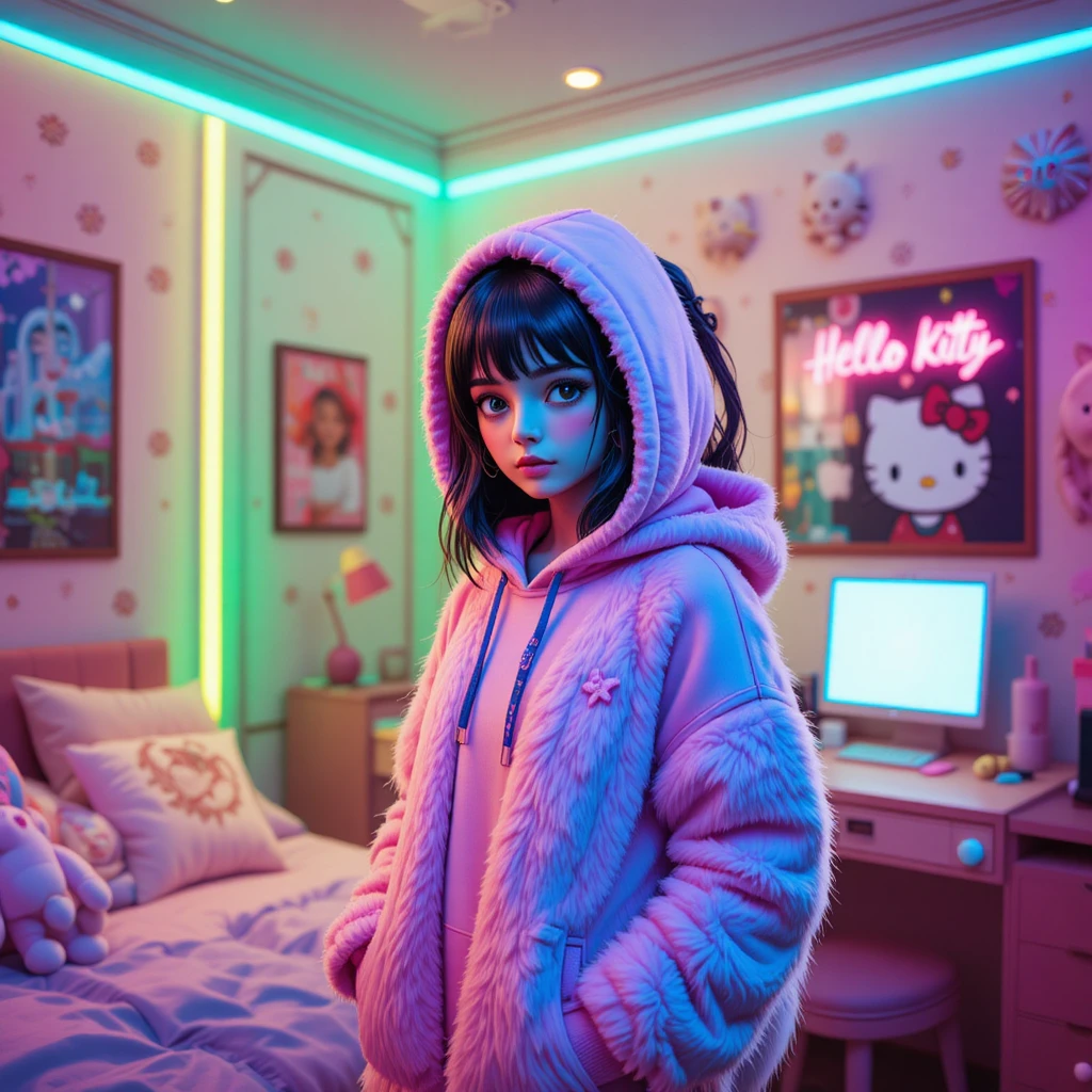 Ragazza 3D con felpa rosa in camera da letto al neon