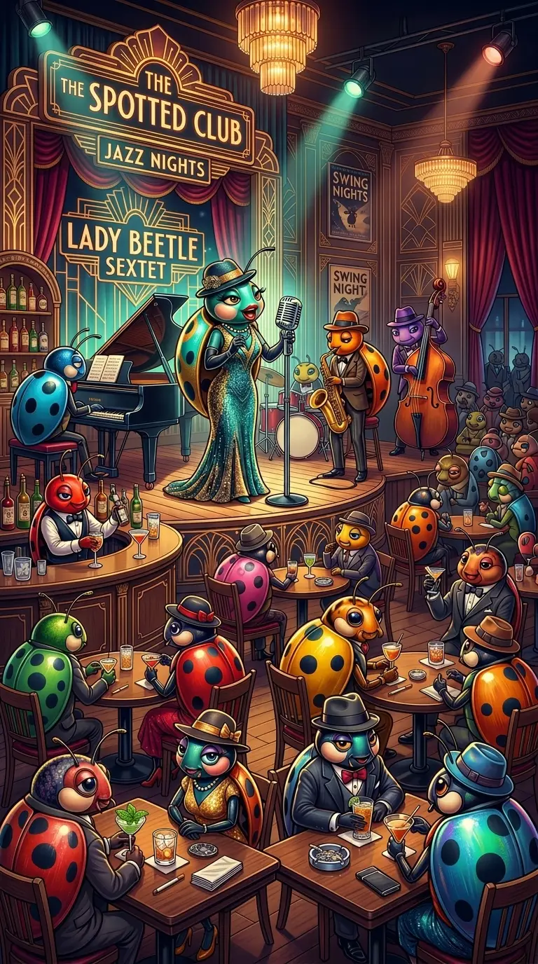 Anthropomorphic ladybirds in a lively 1940s jazz club