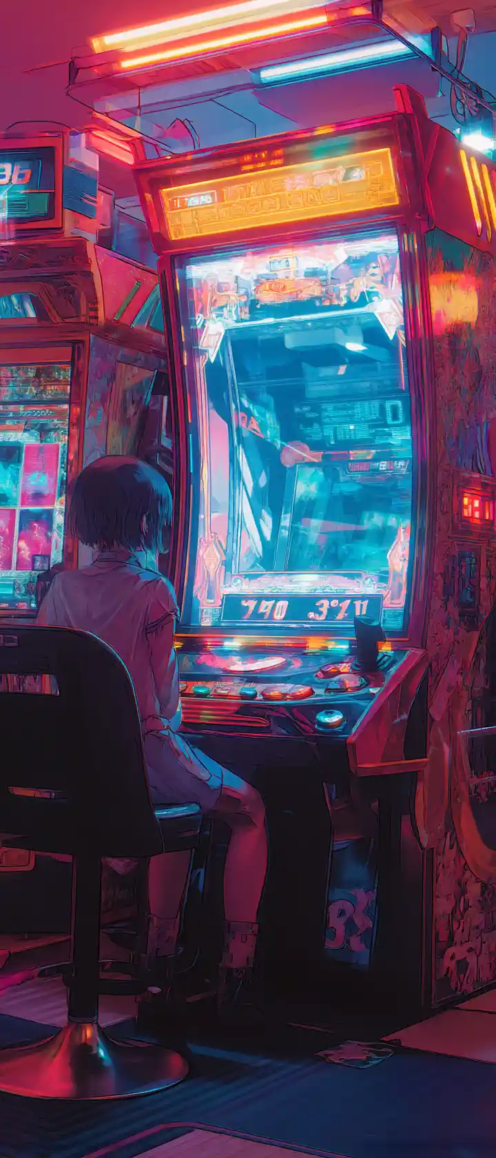 Lonely anime oracle inside glowing neon tarot arcade machine