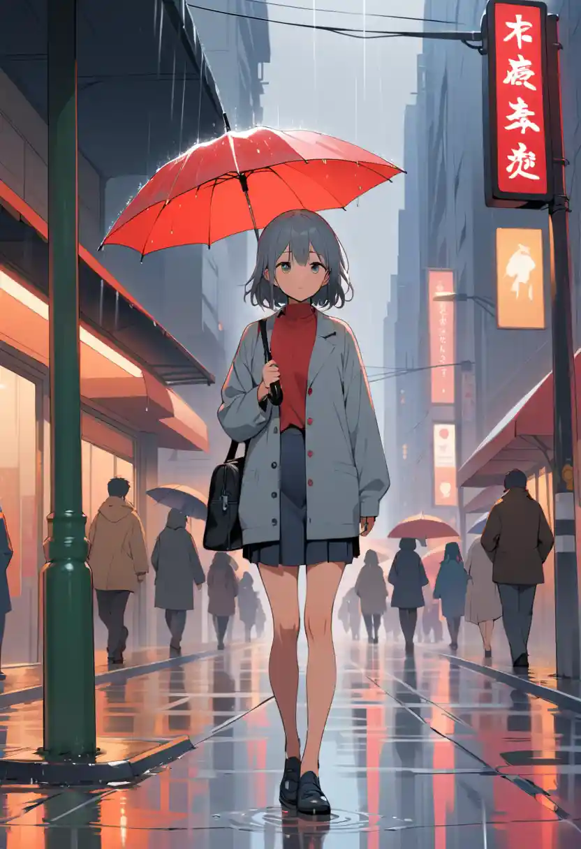 Office woman waiting at red light in soft morning rain