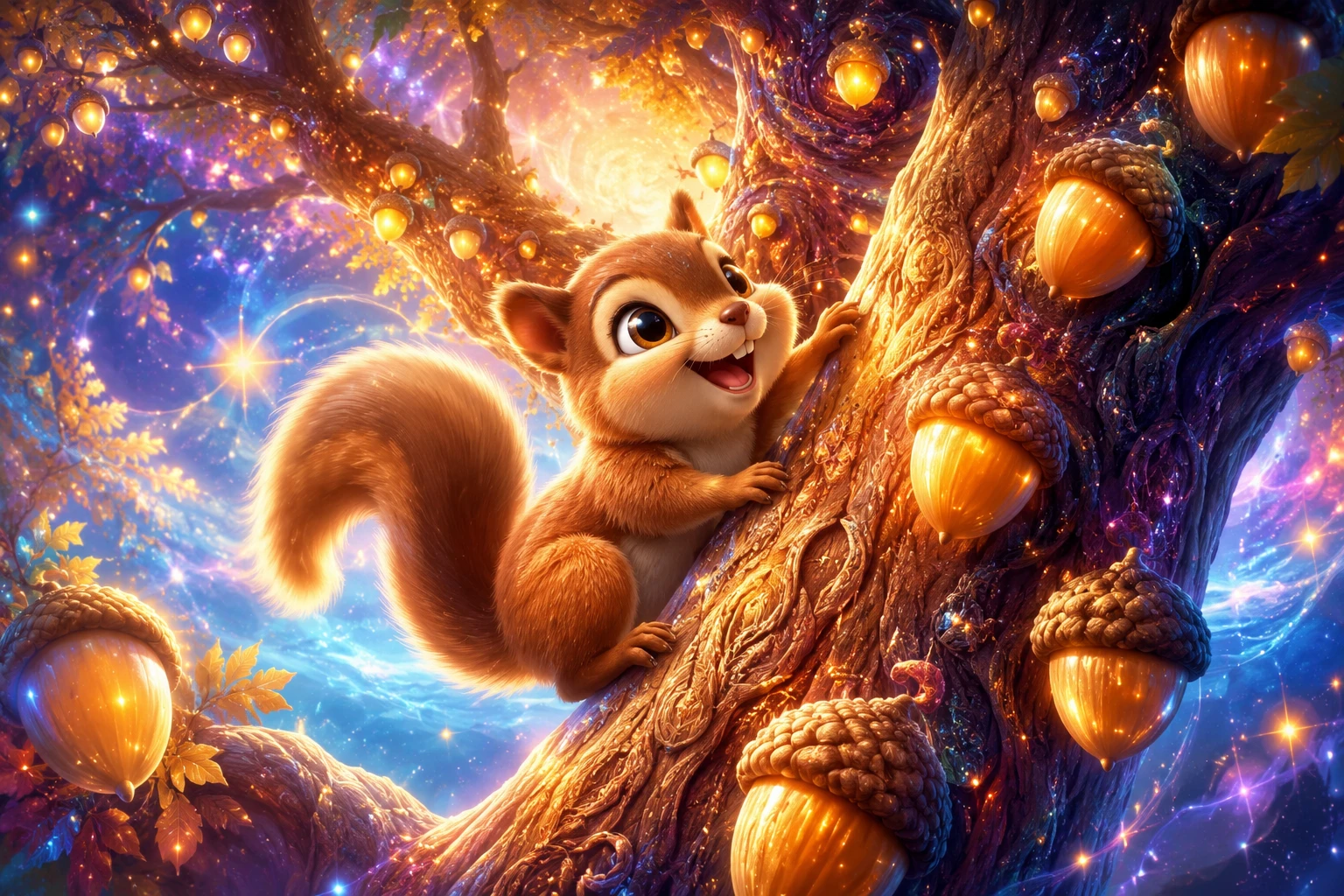Joyful baby squirrel climbing a glowing acorn tree