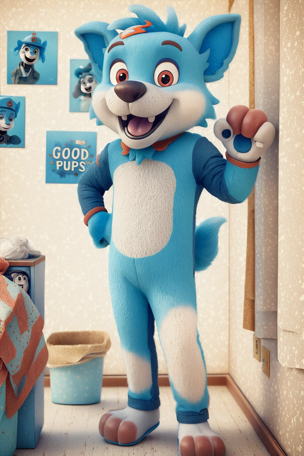 Realistic mascot character captured in a simple photo scene