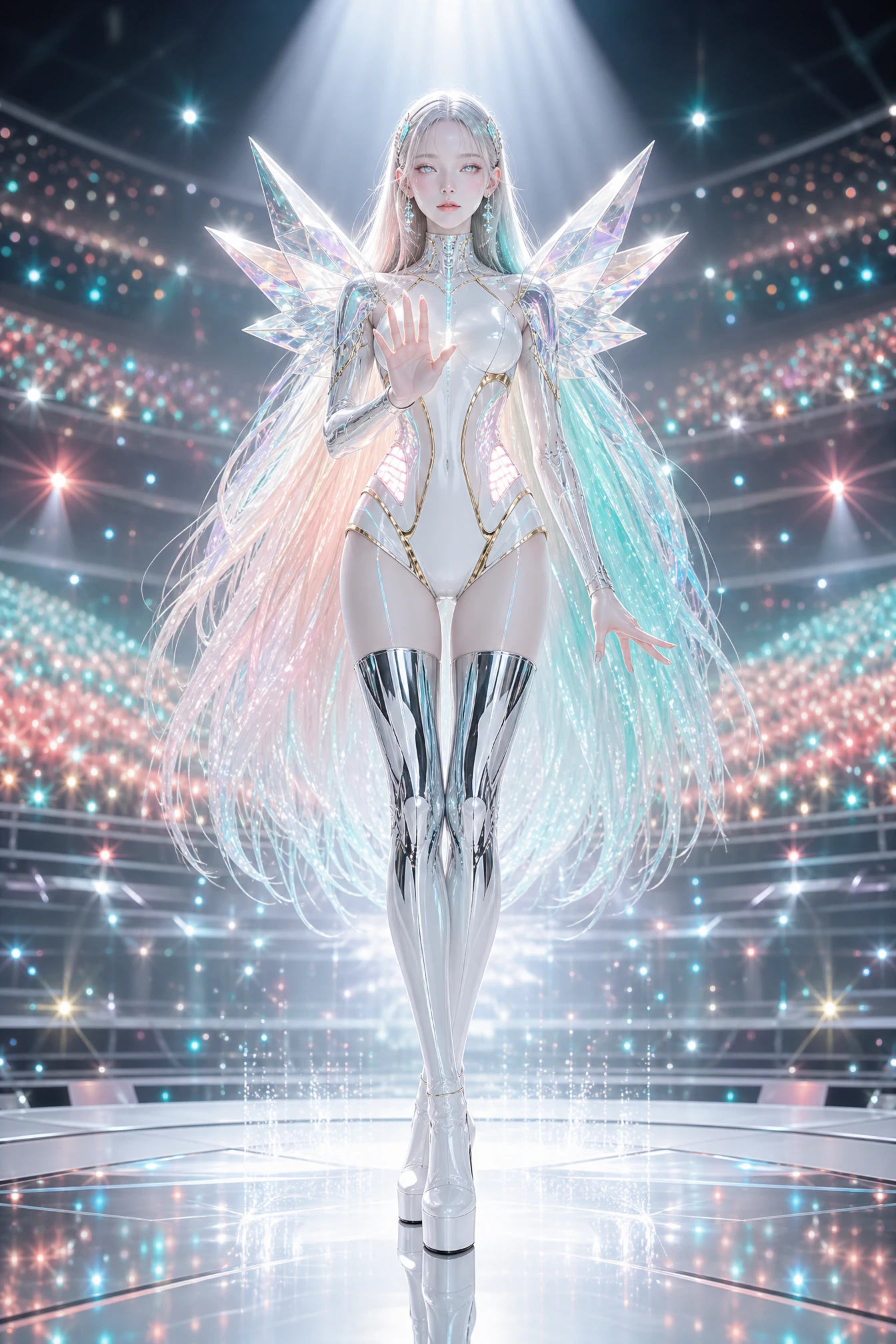 Futuristischer K‑Pop-Idol auf leuchtender weißer Konzertbühne
