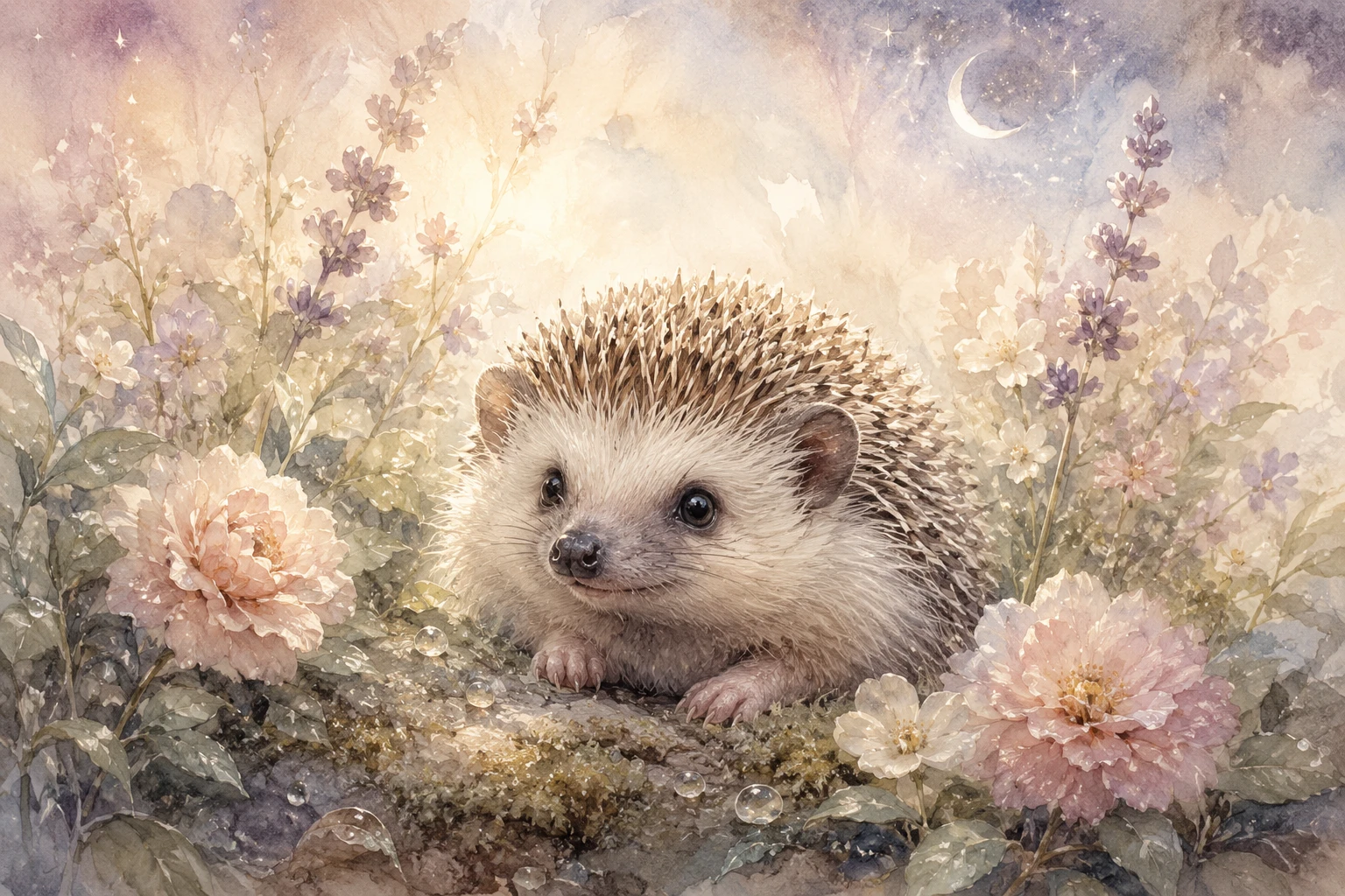 Cute baby hedgehog resting among soft watercolor flowers