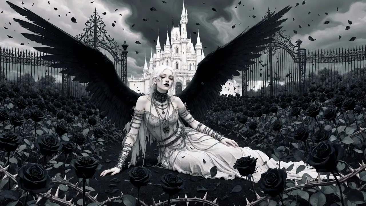 Pale punk angel resting among black roses in a garden