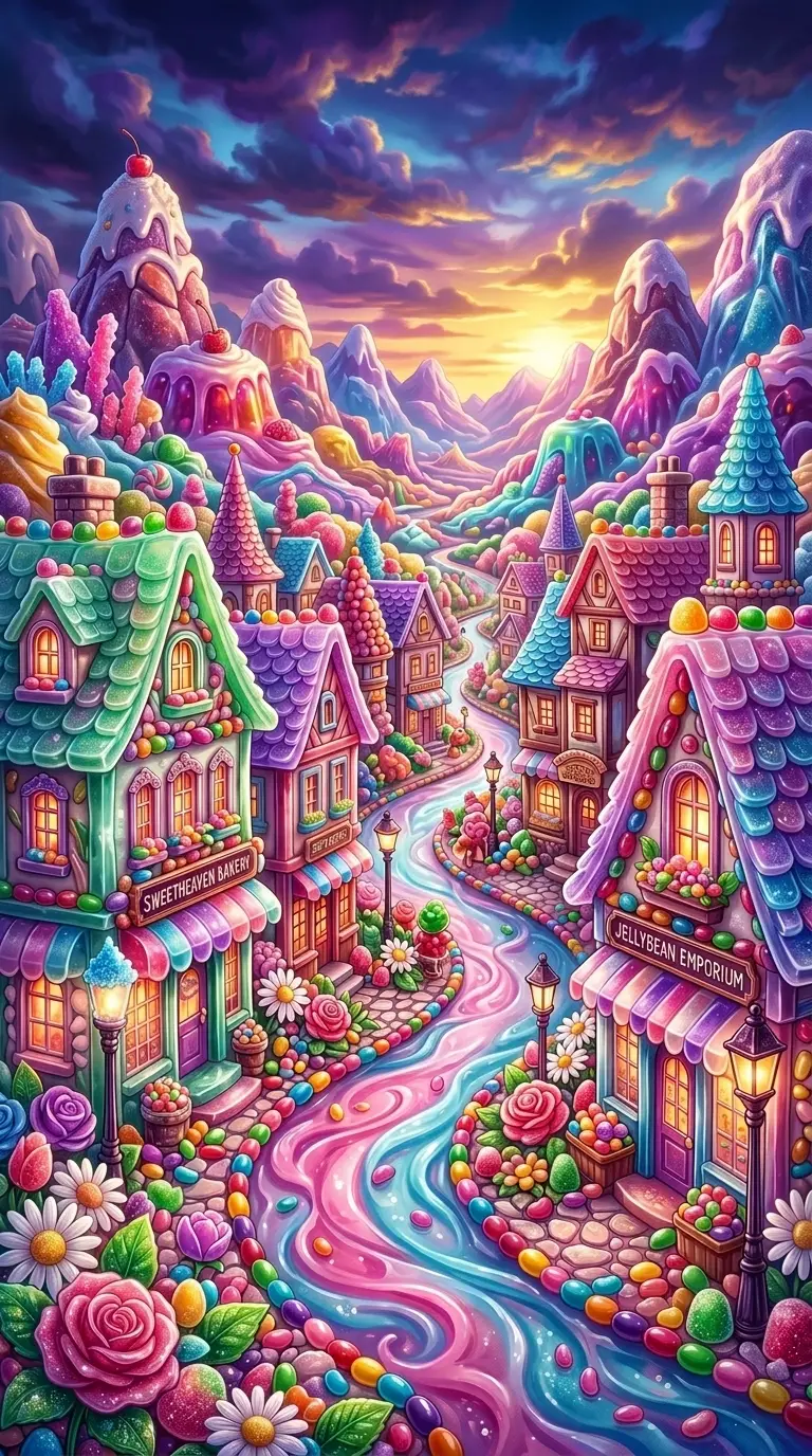 Whimsical jelly village street glowing with dramatic light