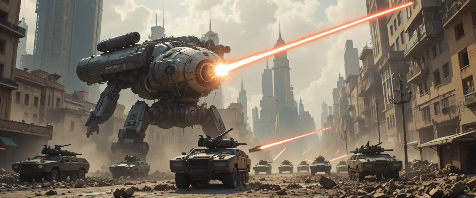 Gigante máquina de guerra disparando lasers em ruas de uma cidade em ruínas