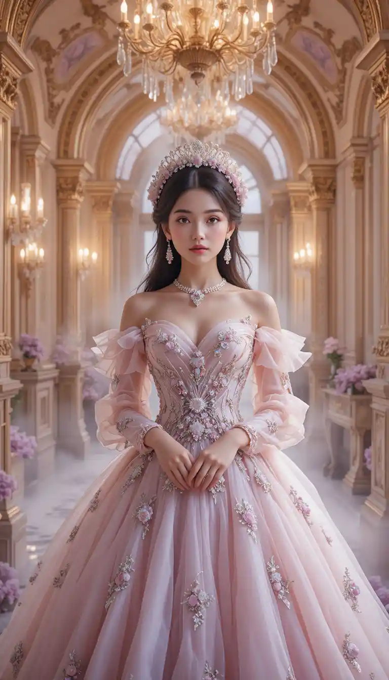 Elegant Asian woman in a dreamy fantasy rococo palace