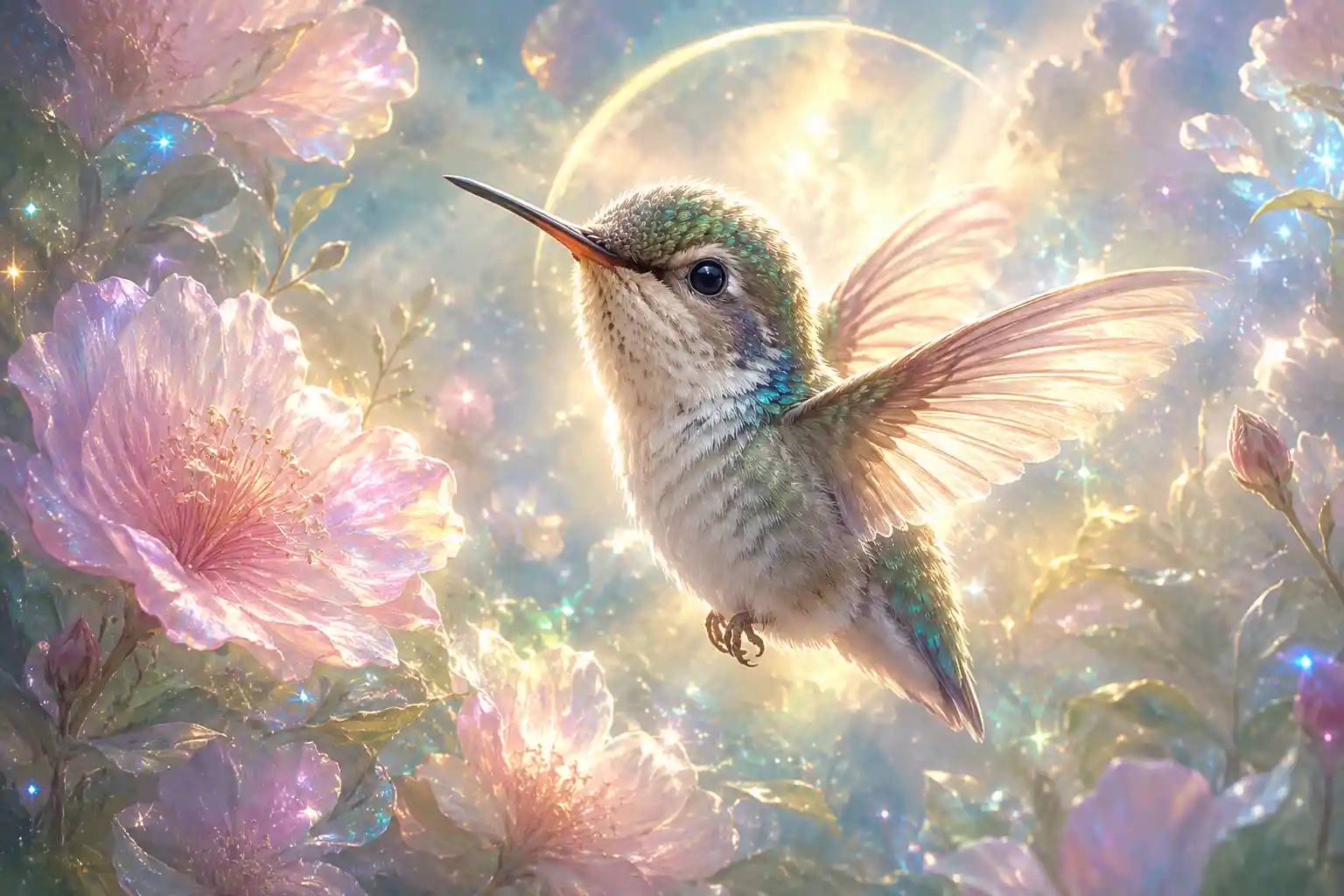 光り輝く花々の中を舞う夢のようなハチドリのひな