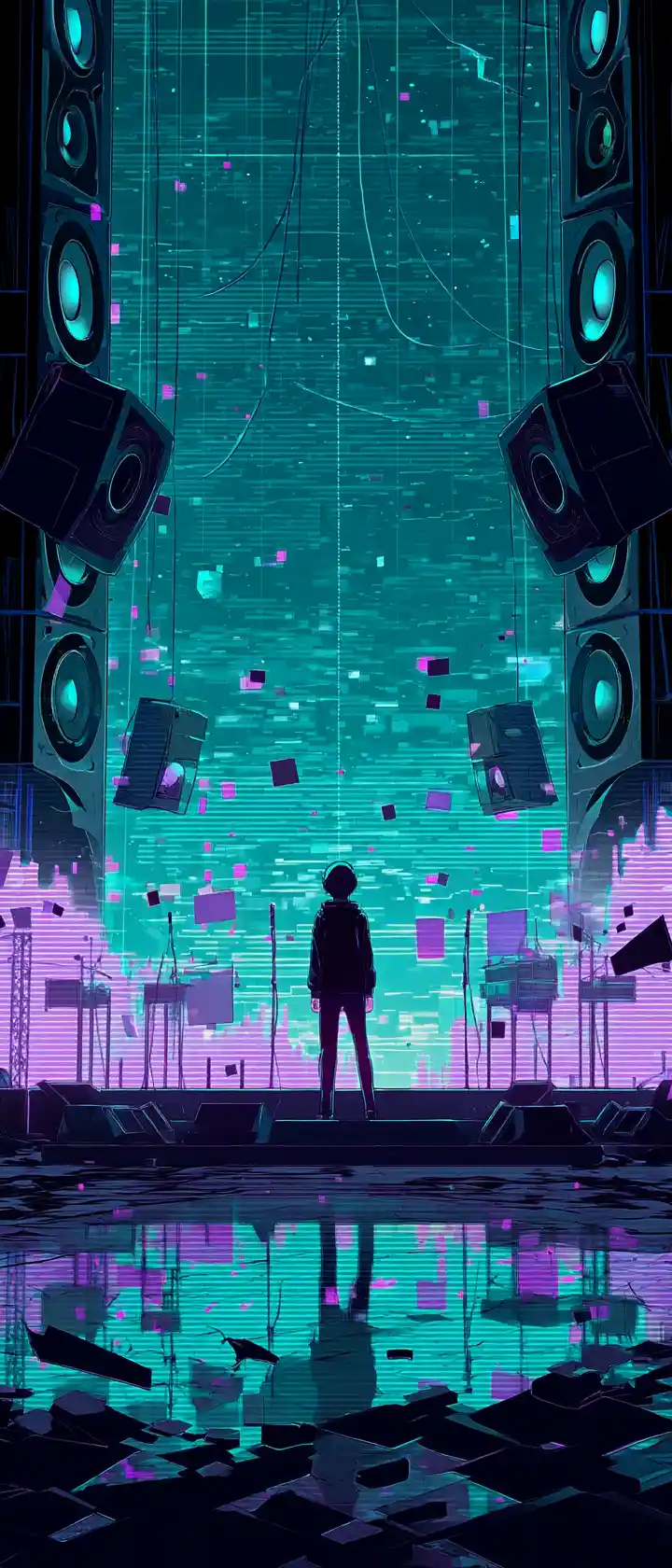 Anime-Musiker auf einer Neon-Hologrammbühne mit zersplitternden Schallwellen