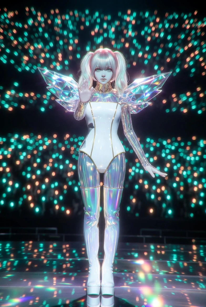 Cyber idol performer posing under bright concert spotlight
