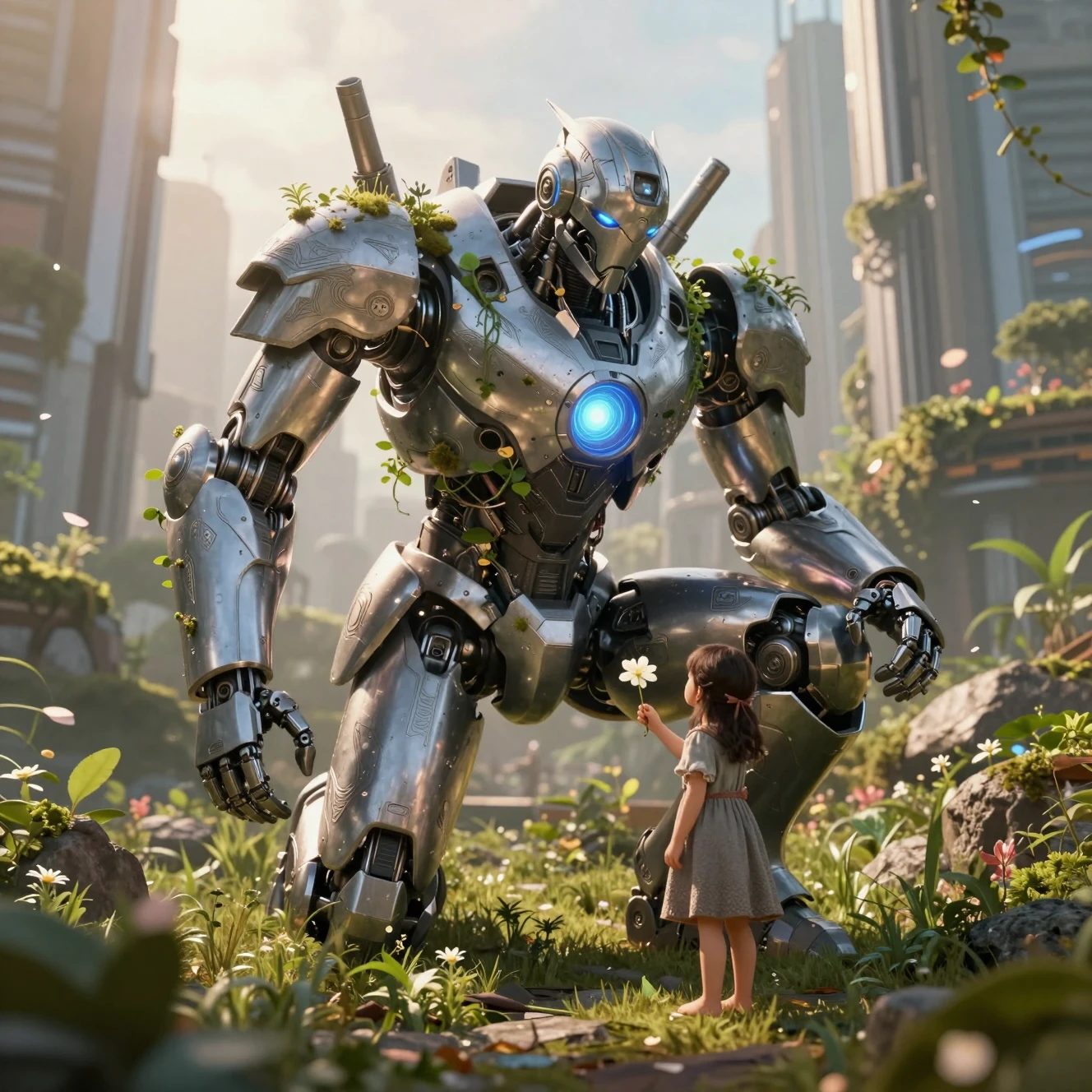 Giant robot kneels to a barefoot girl in forest ruins
