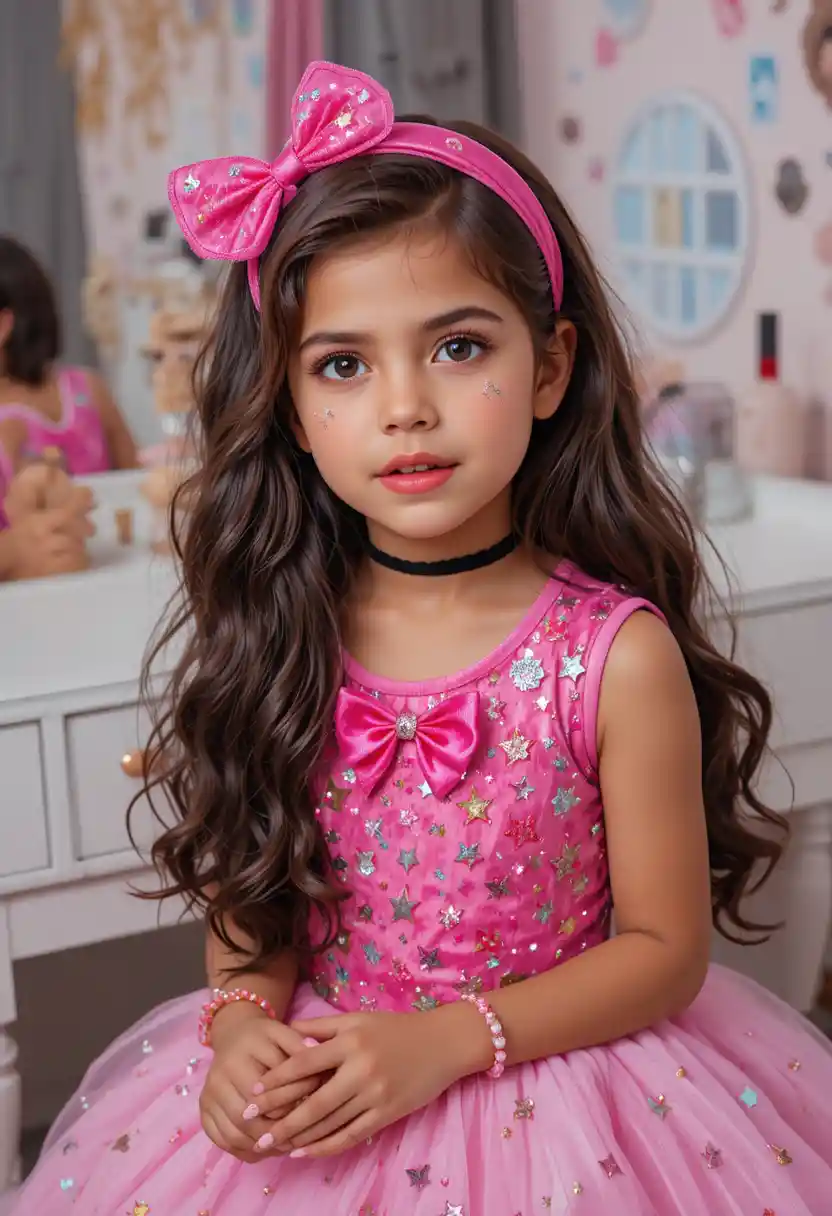 Latino tween in pink star dress at makeup vanity