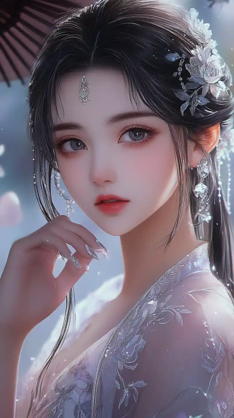 Ethereal anime girl with silver ornaments in soft pastels