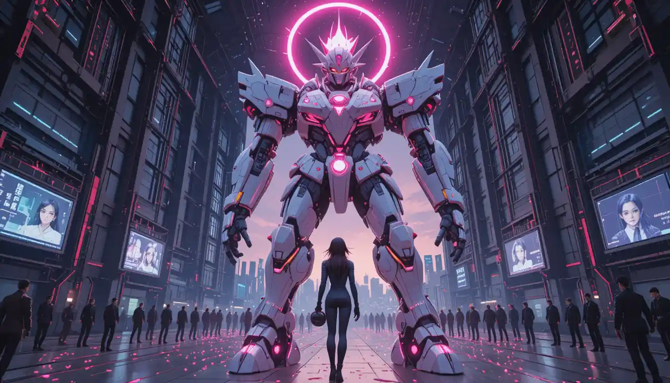 Colossal sakura mecha awakening in cyberpunk city hangar