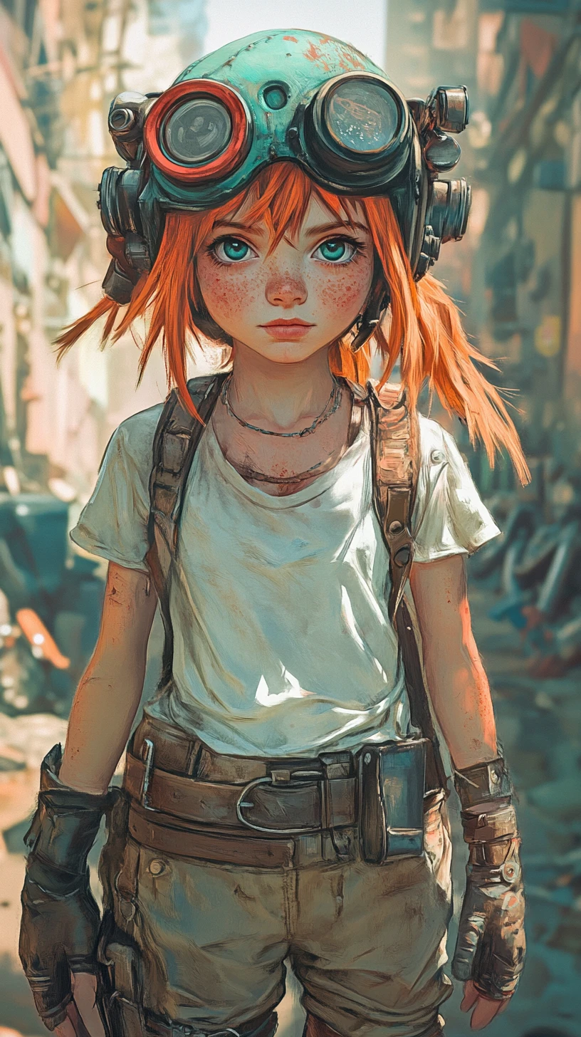 廢墟城市街道上的蒸氣龐克風動漫少女探險家