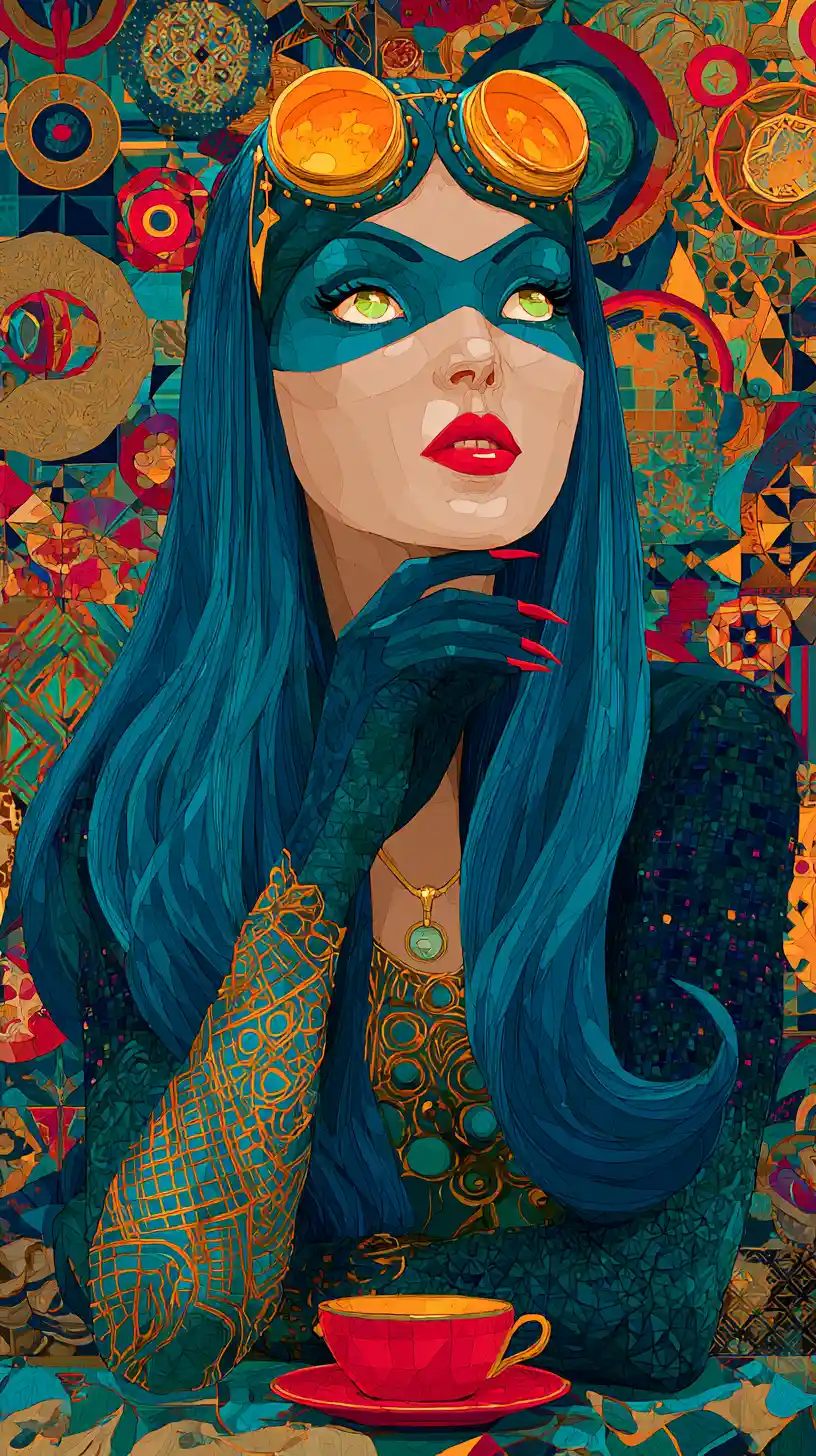 Blue haired masked woman in teal jacket with mosaic backdrop