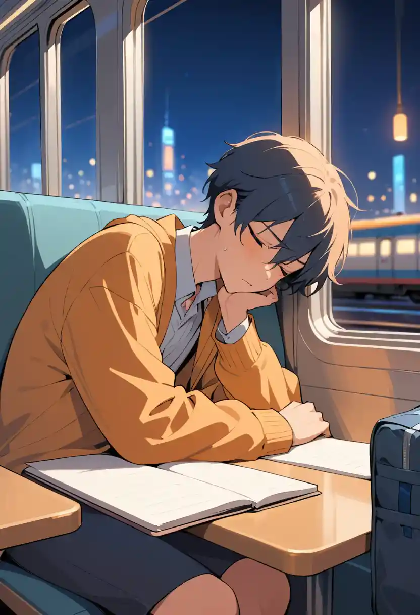 Sleeping schoolboy on an evening city train ride