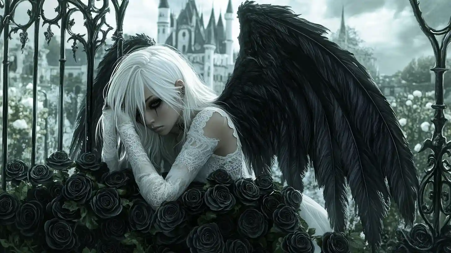 Punk angel resting among black roses before a distant castle