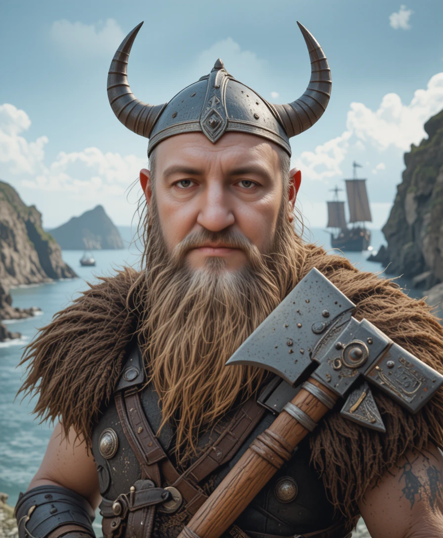 Fierce Viking berserker portrait by the sea cliffs