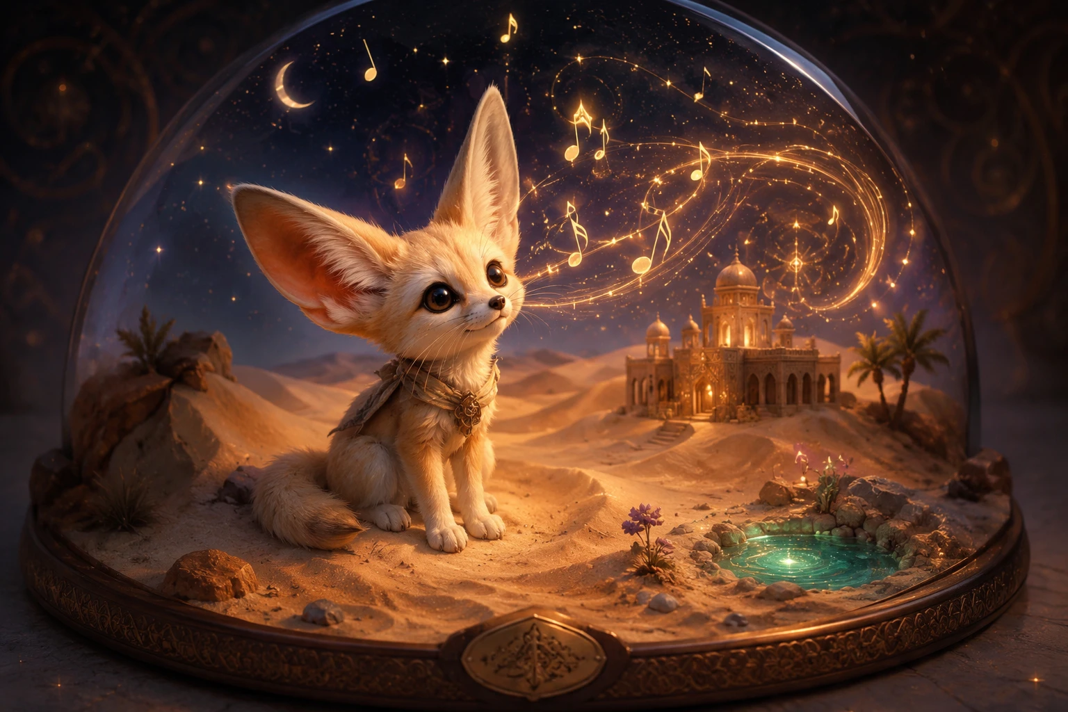 Adorable baby fennec fox in a tiny desert diorama