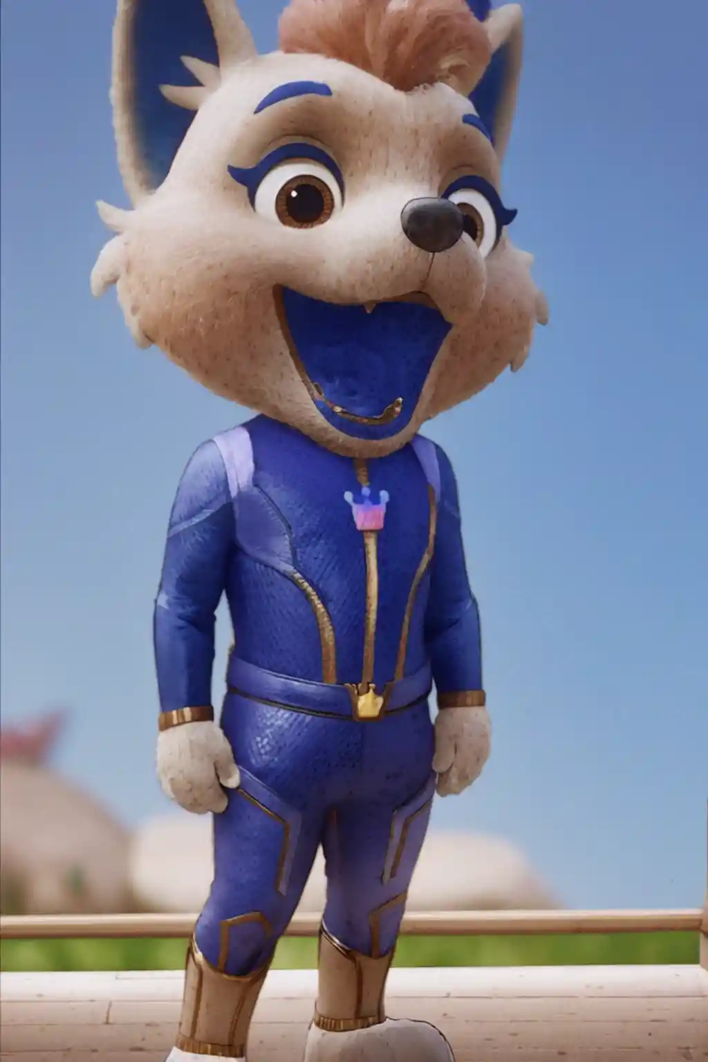 Realistic mascot character captured in a simple photo scene