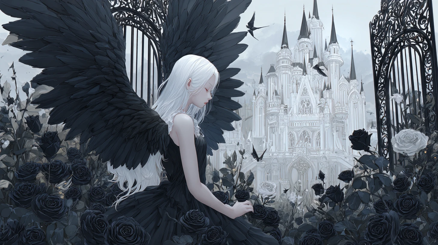 Gothic angel woman resting in a black rose garden