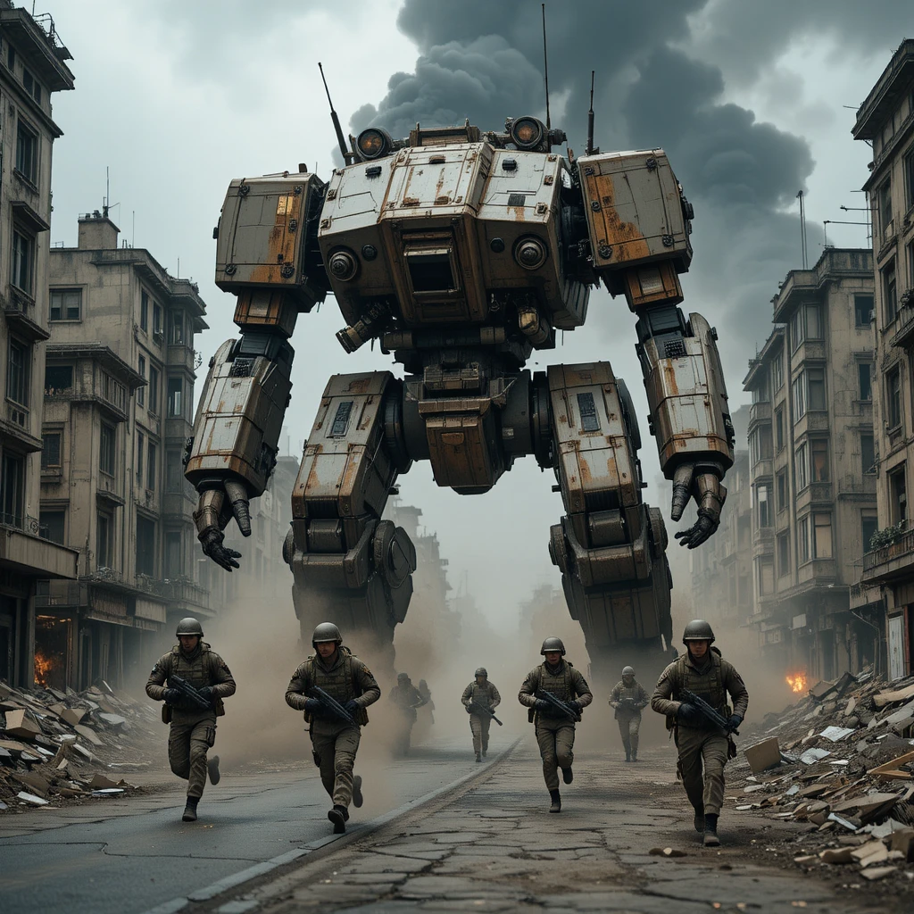 Giant military mecha towering over soldiers in ruined city