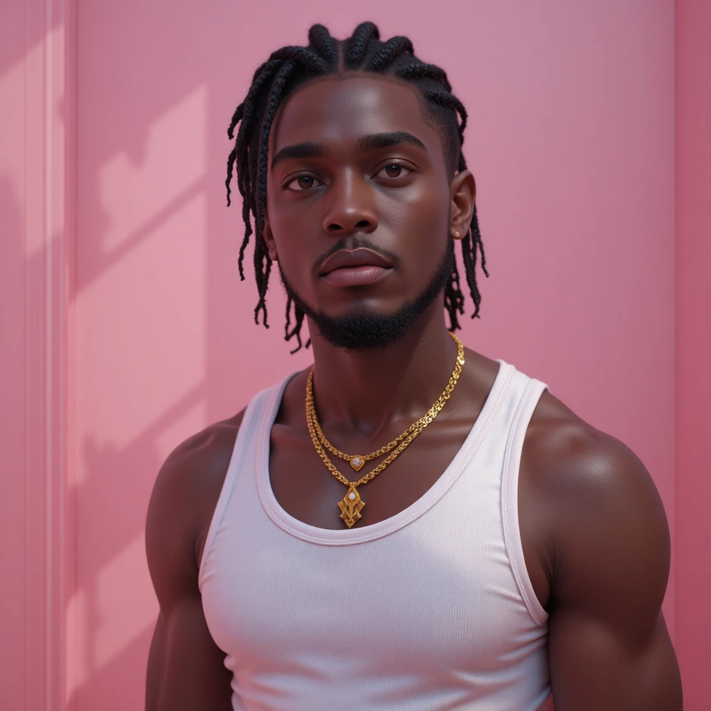 Dark skin man in pink room with gold jewelry