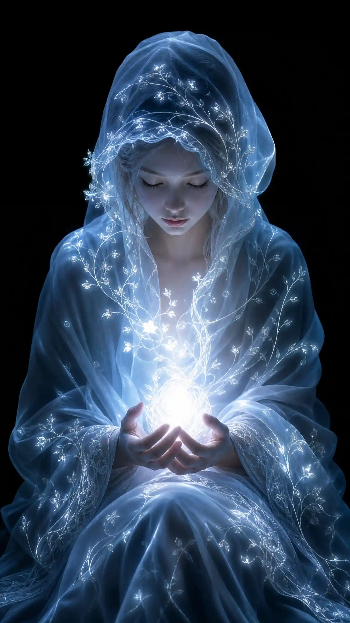 Ethereal woman holding glowing inner light in darkness