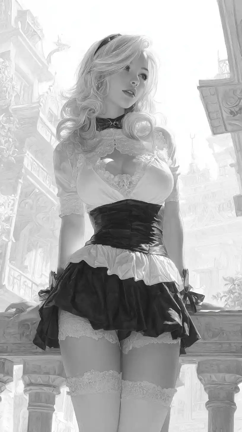 Young woman on victorian balcony in black and white
