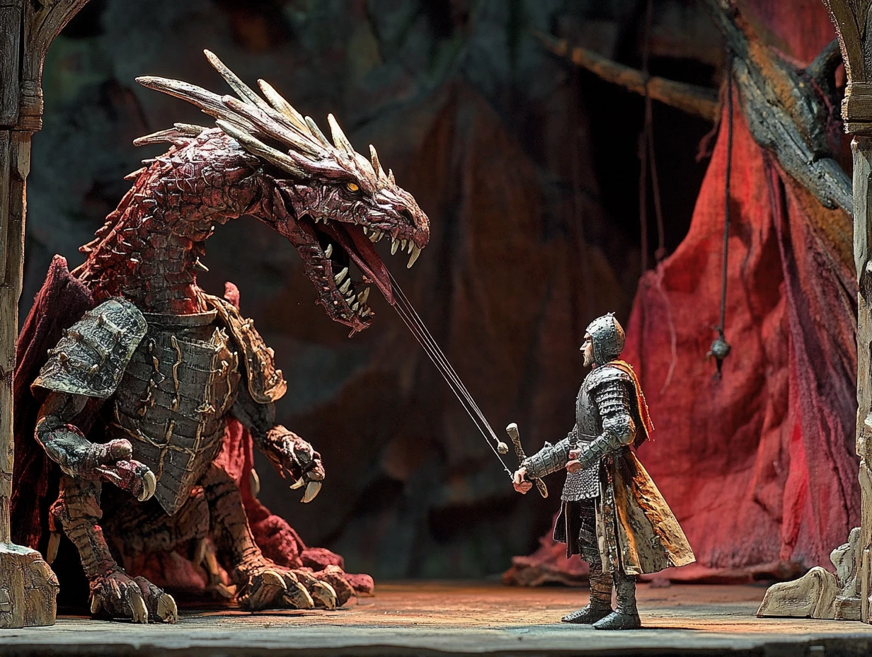 Knight and dragon clash on a dramatic puppet theater stage