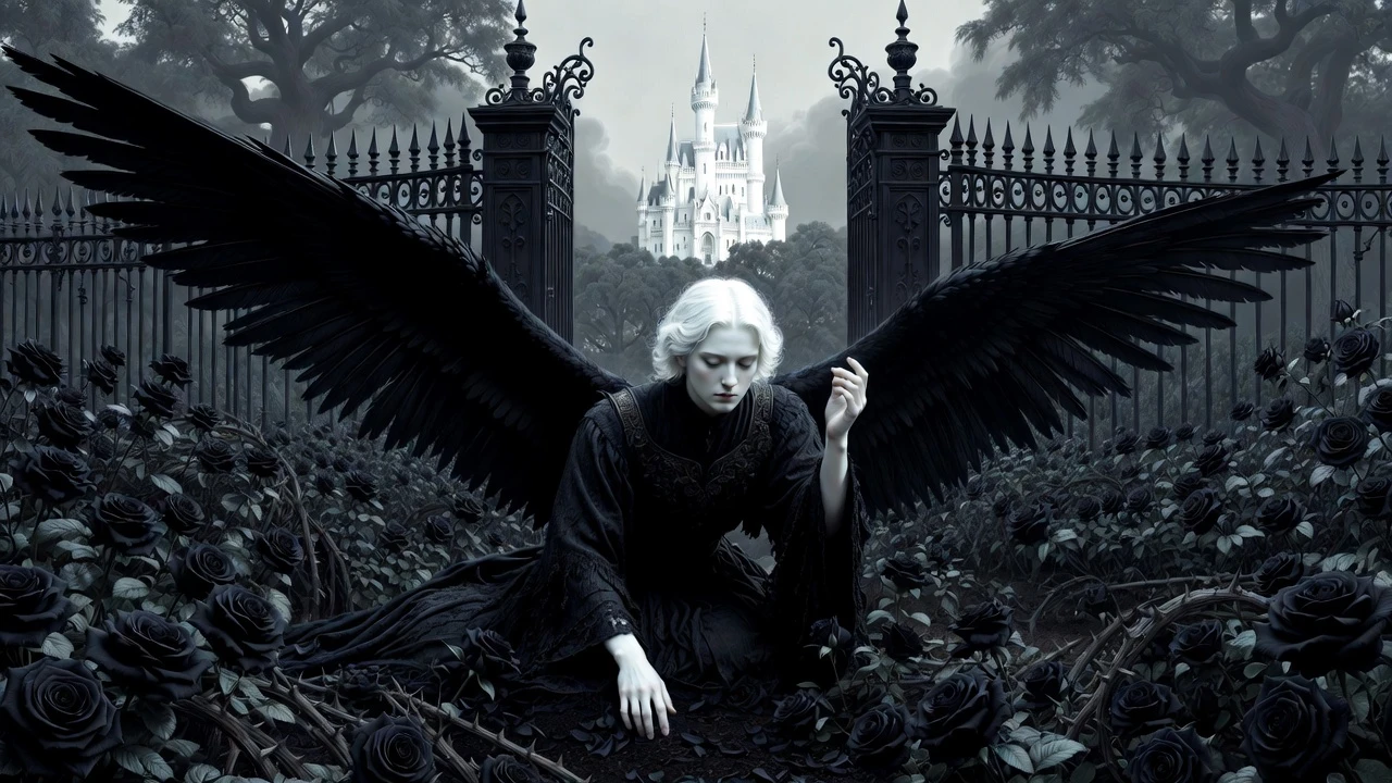 Punk angel resting among black roses in a dark garden