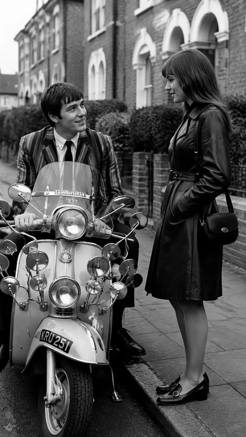 Smiling young couple by vintage Lambretta scooter on city street