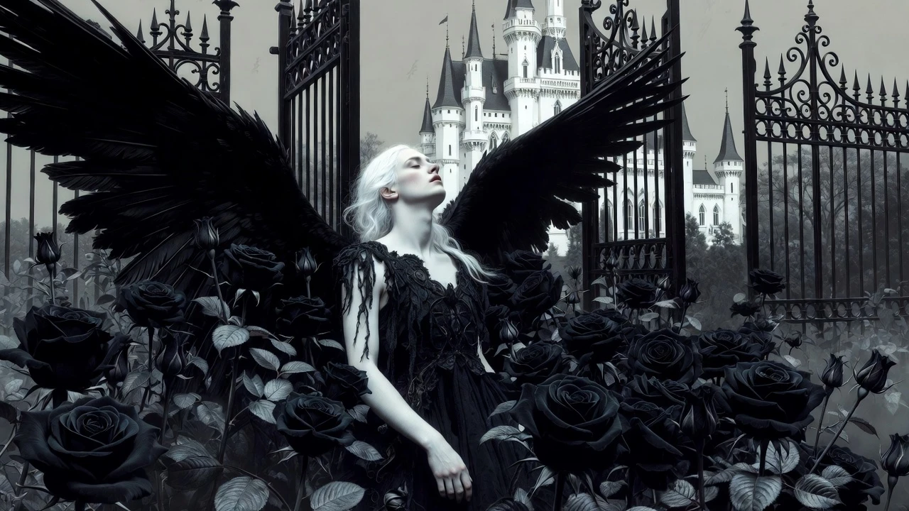 Ángel punk descansando entre rosas negras en un jardín oscuro