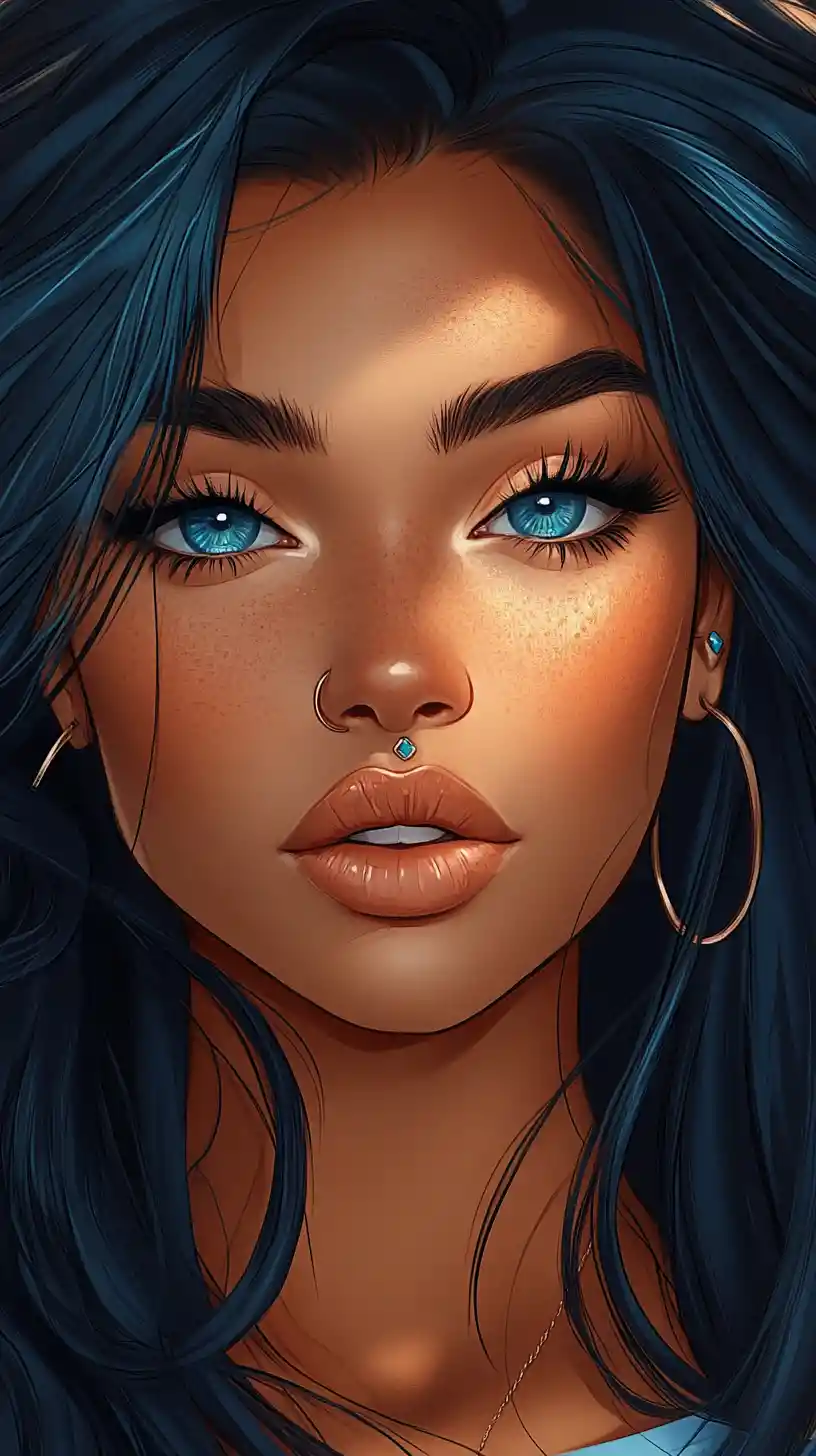 Blue haired anime woman close up with intense gaze