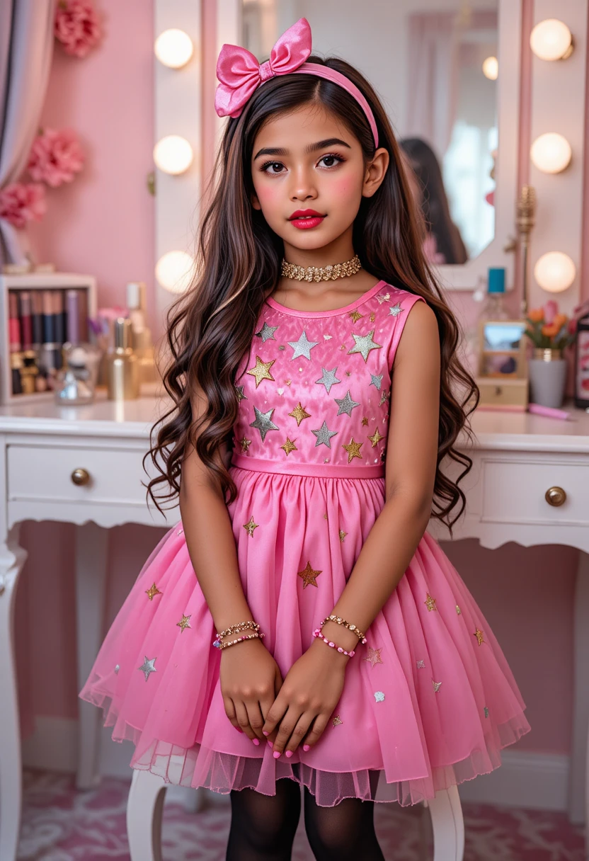 Nervous tween in bright pink star dress at vanity