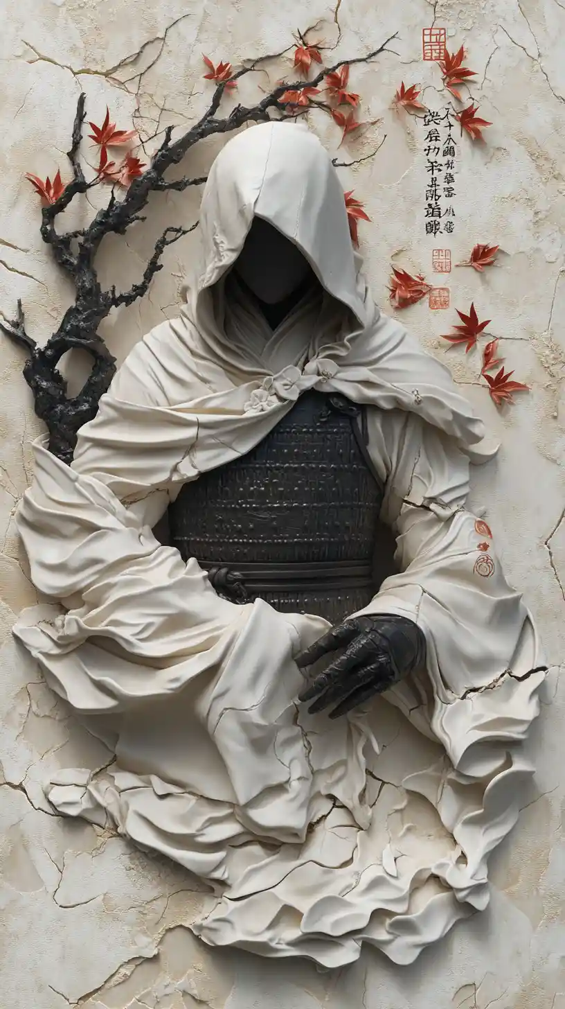 Hooded Japanese Warrior Carved In Cracked Bas Relief Wall