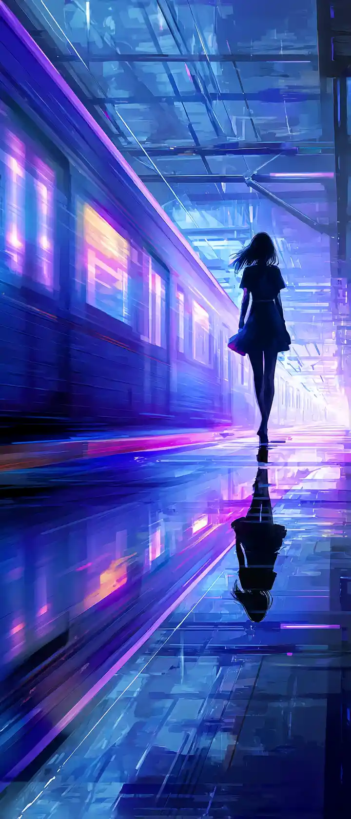 Anime woman walking alone in neon subway tunnel reflection
