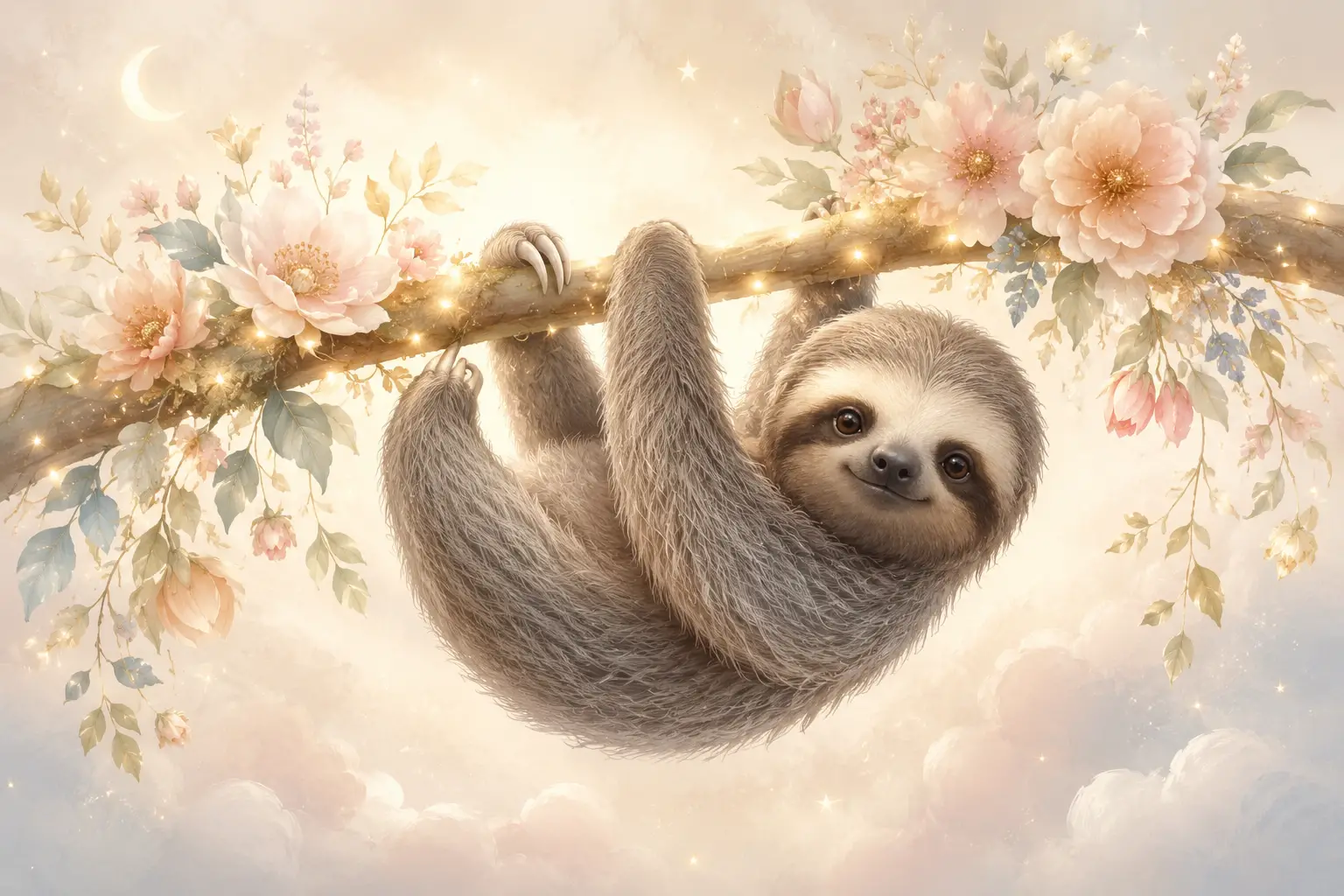 Cute baby sloth on glowing floral branch nursery illustration
