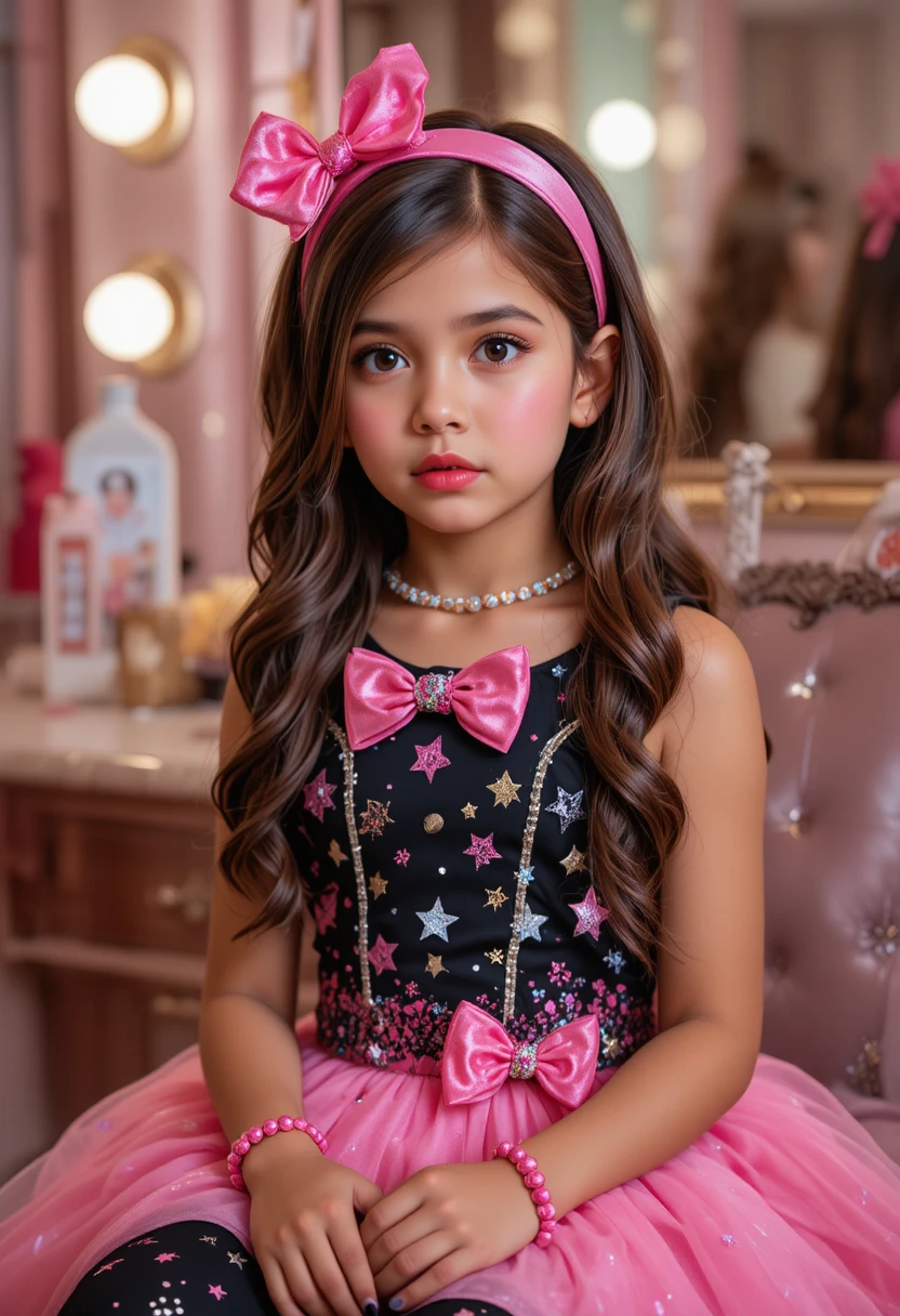 Young boy in pink star dress at a makeup vanity