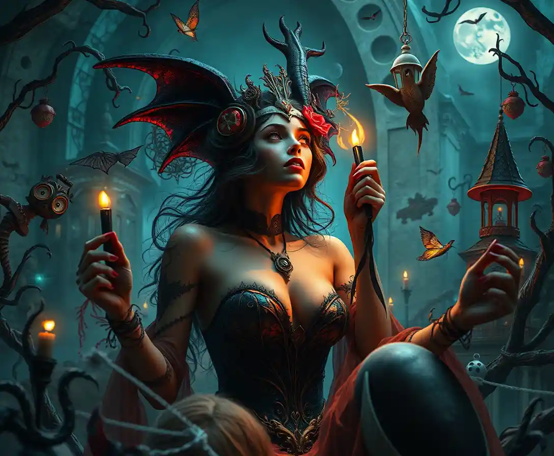 Surreal woman celebrating victory in dreamlike horror scene