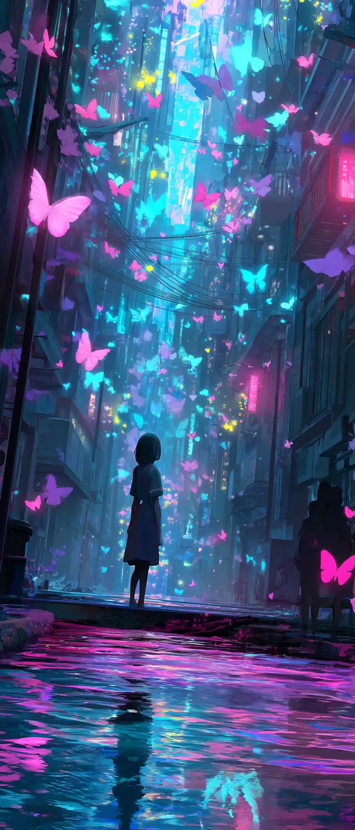 Anime spirit above neon flooded alley with fading light