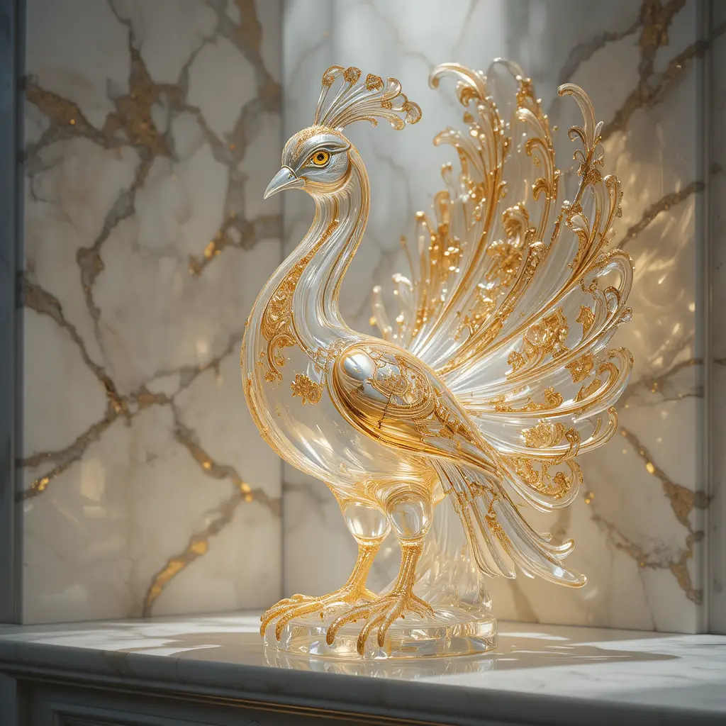 Glass Peacock Sculpture On White Marble Wall Shelf