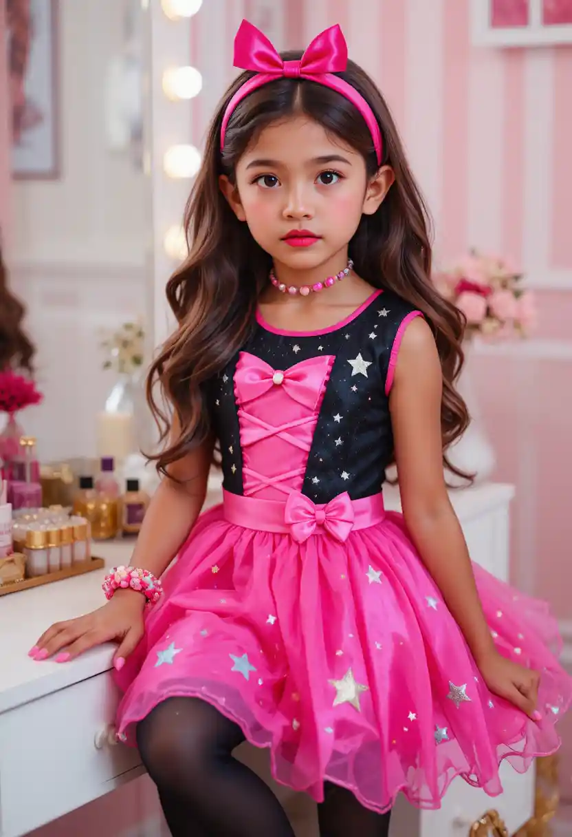 Latino tween boy in pink star dress at vanity table