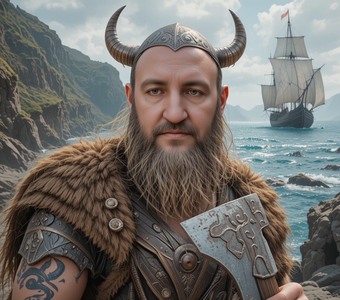 Fierce viking berserker portrait by the sea cliffs
